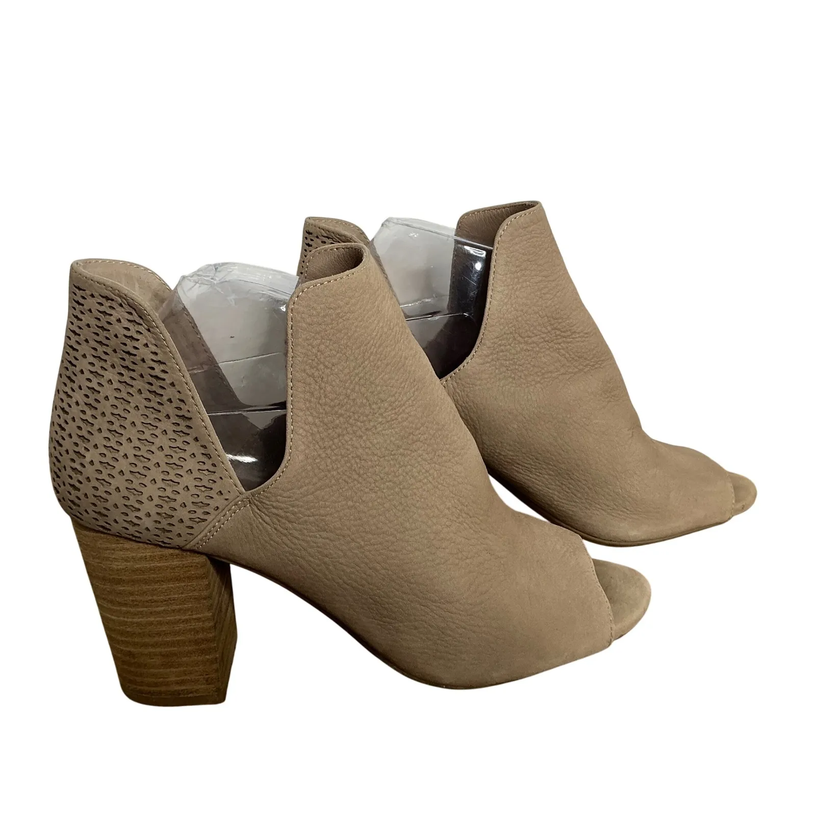 Antonio Melani Peep‎ Toe Booties 8.5M Taupe Nubuck Leather Block Heel Cutout - Image 4