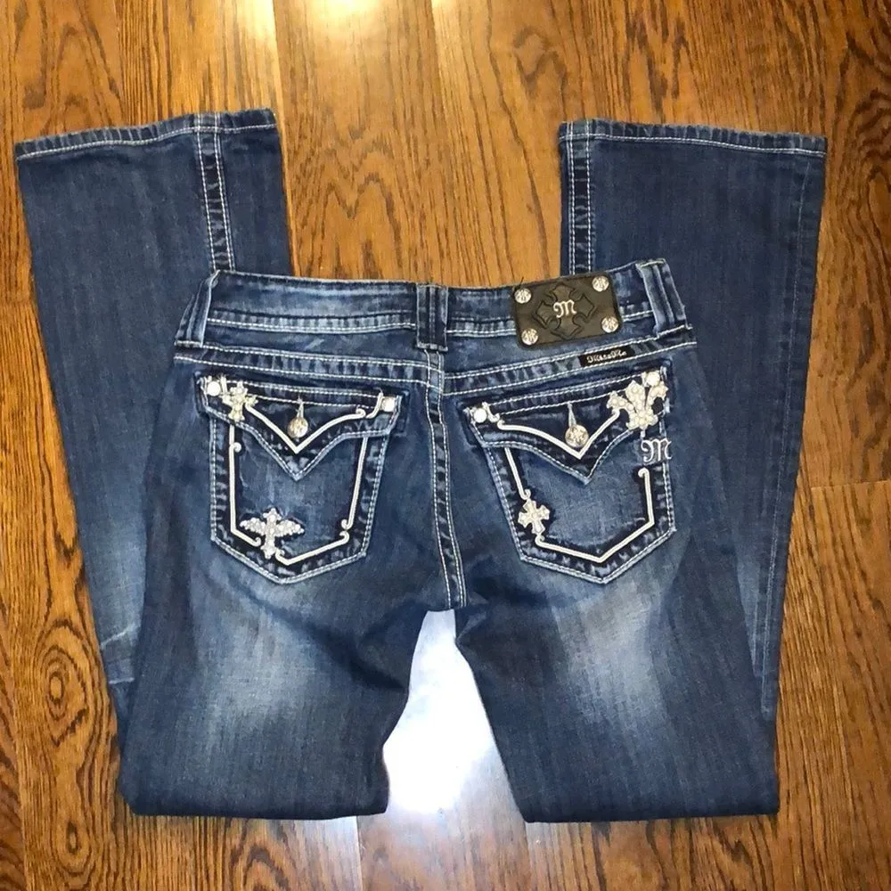 MISS ME Dark Wash Embellished Boot Cut Denim Low Rise Jeans Size 28x31 TAG 28x34 - Image 2