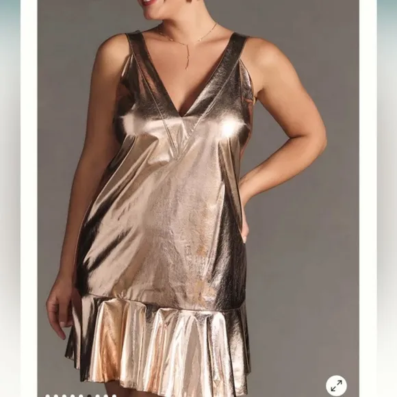 MARE MARE ANTHROPOLOGIE Gold Metallic V-Neck Dress Mini Size L‎ NWT - Image 2