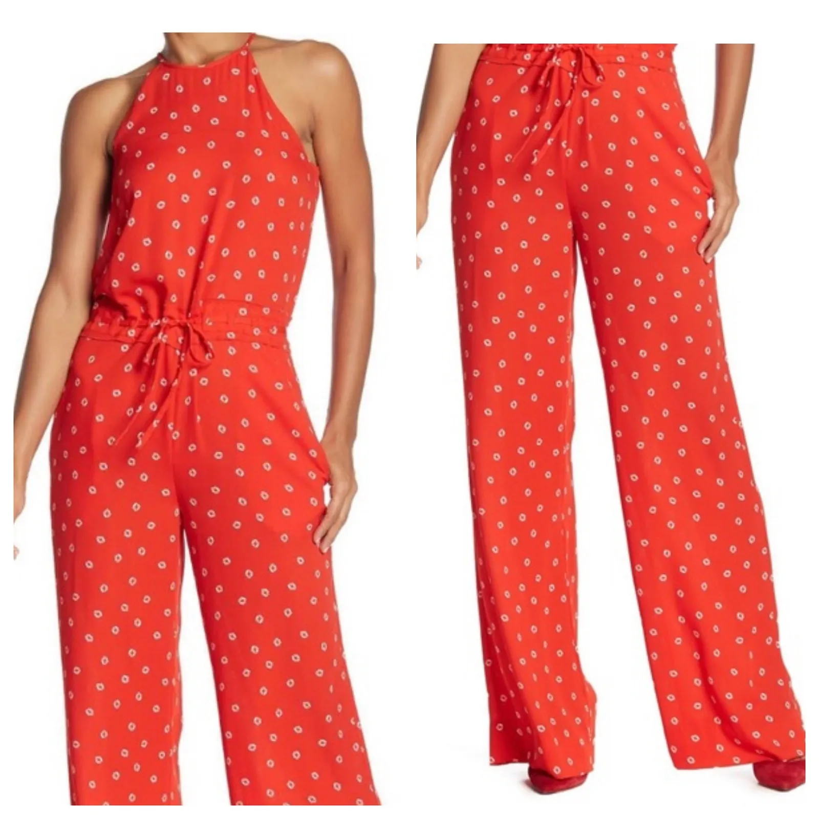 DVF Jumpsuit Red Print Sleeveless Halter Neck Drawstring Waist - Image 2