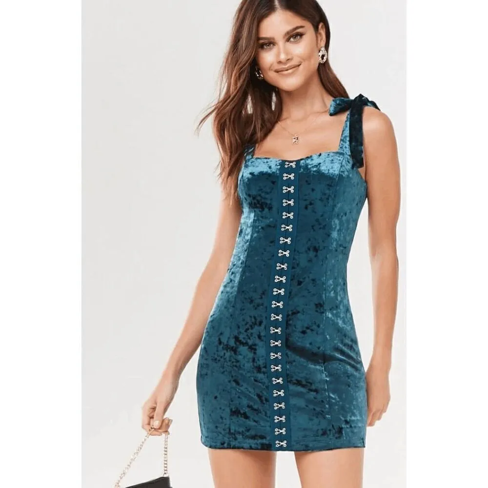 Forever 21 Forest Green Velvet Tie Shoulder Hook Eye Mini Dress S NWT - Image 8