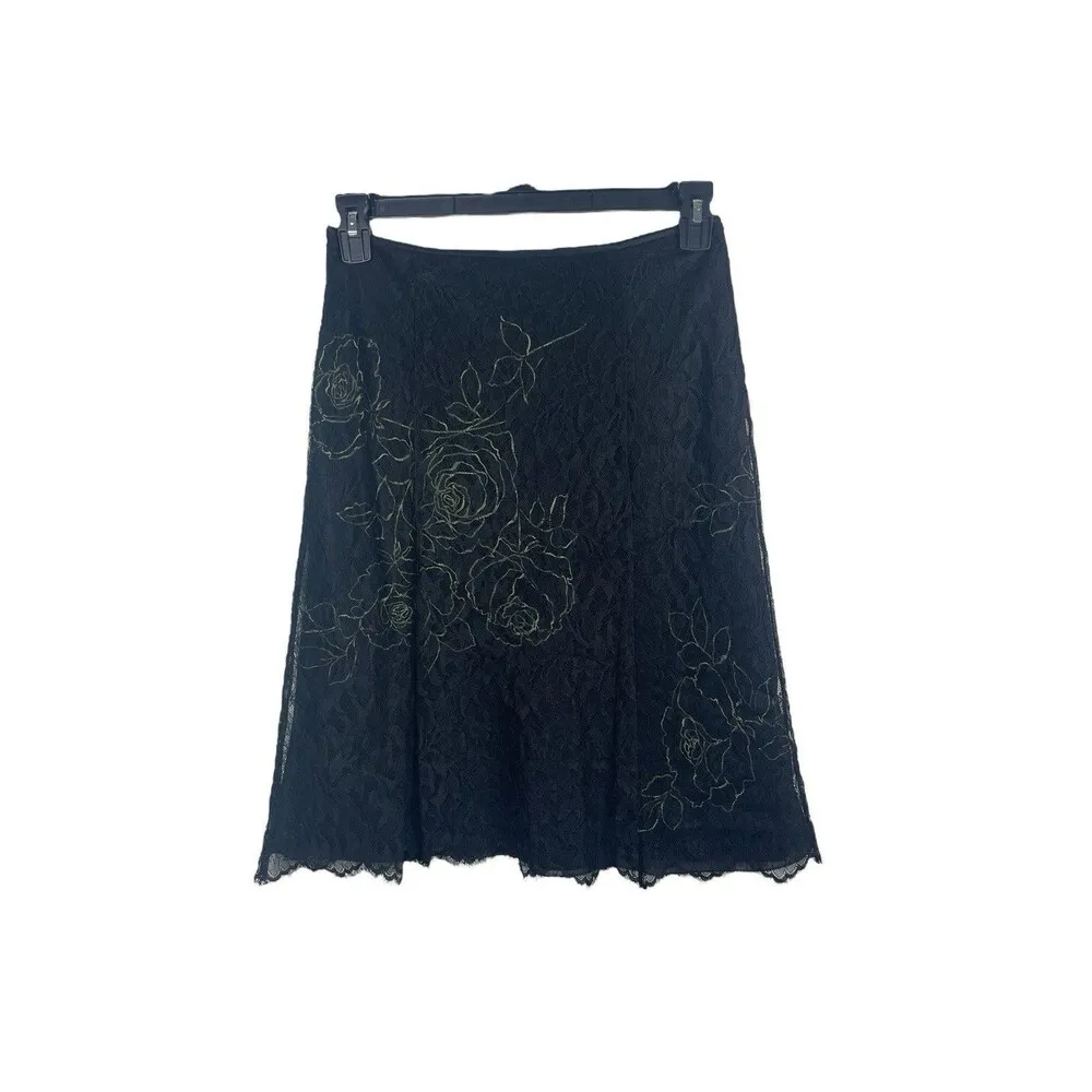 Adriana Papell Black Lace Floral Skirt Sheer Overlay Romantic Gothic Lined 10 - Image 3