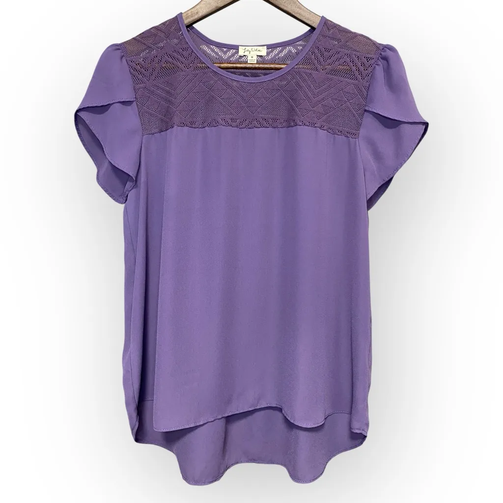 Lily White Lavender Flutter Sleeve Top Medium Aztec Lace Boho Blouse - Image 2