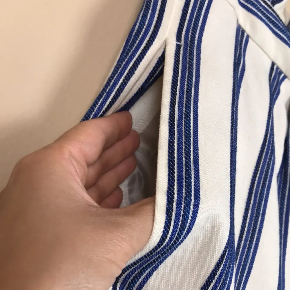 Express Women’s Striped Blue Cream Ankle High Rise Ruffle Waist Pants - Image 4