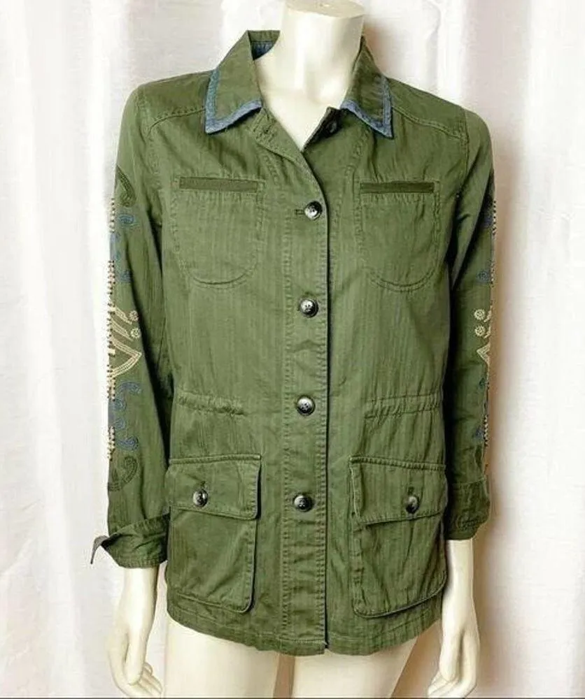 Anthropologie Embroidered Field Shirt Jacket size S Army Green Long Sleeve - Image 4