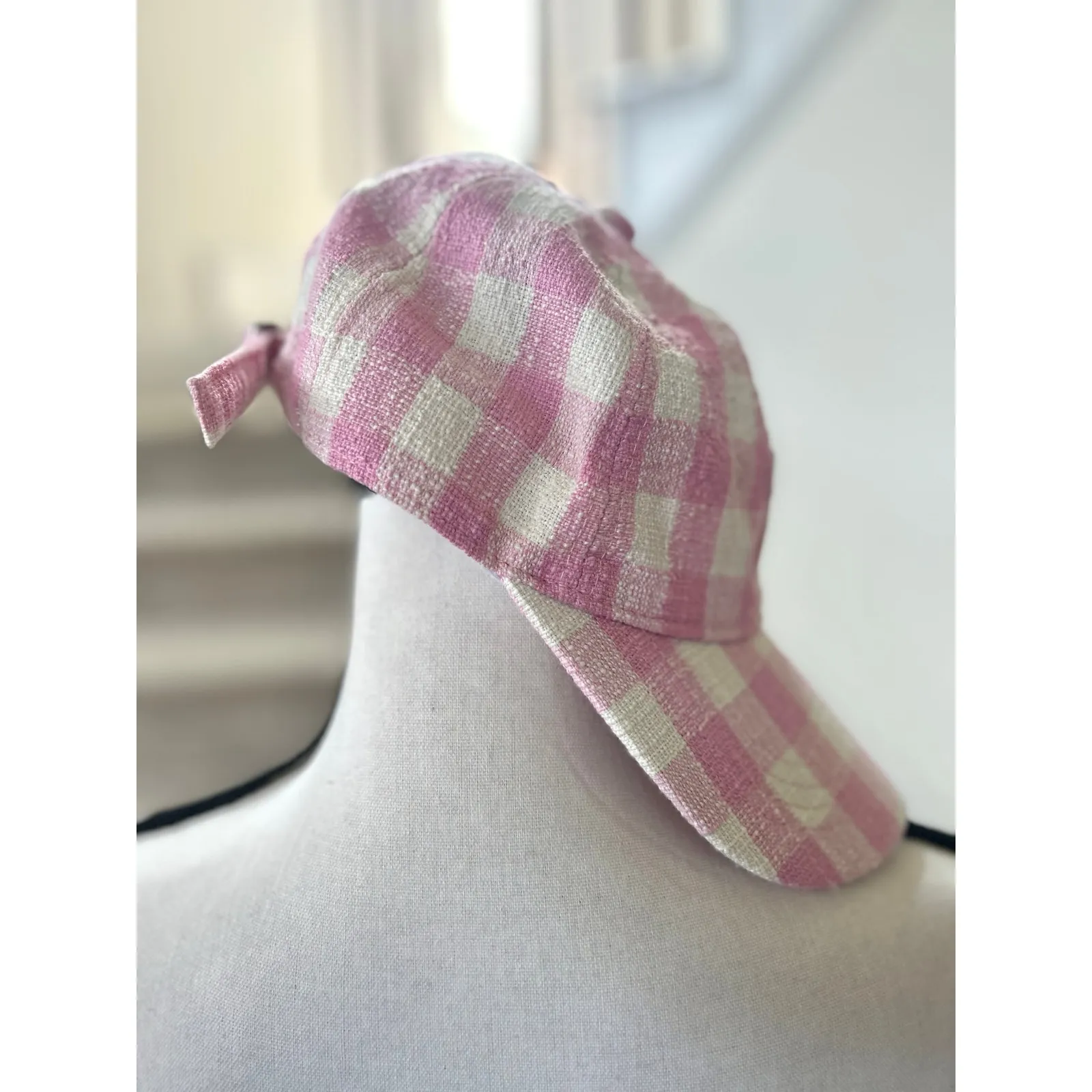 Pink & White Gingham Embroidered Bow Baseball Hat - Image 2