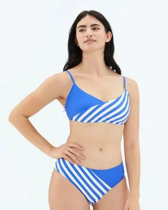 Summersalt 2pc Marina Bikini Blue & White Top W/ Diagonal Mid Rise Bottoms Sz 6 - Image 1