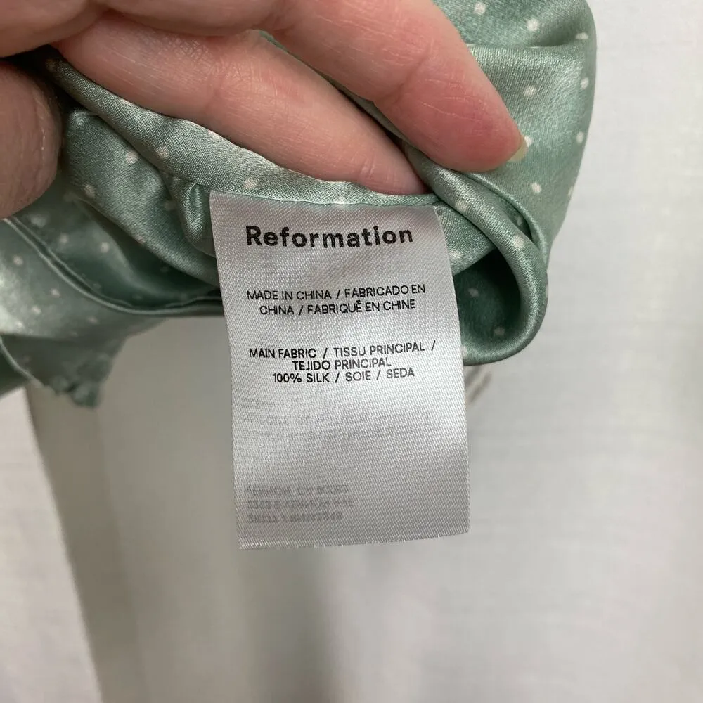 Reformation Lucrezia Teal Green Smocked Polka Dot Silk Charmeuse Top Sz.12 NWT - Image 15