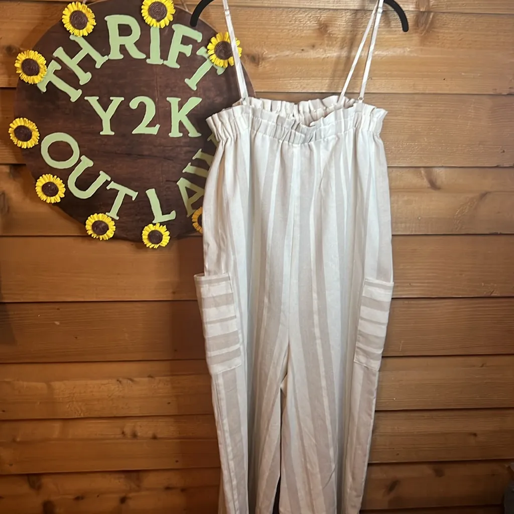 MABLE AILANI WILD LEG JUMPSUIT Linen Cotton Pocket Boho Striped Beige Tan Taupe - Image 8