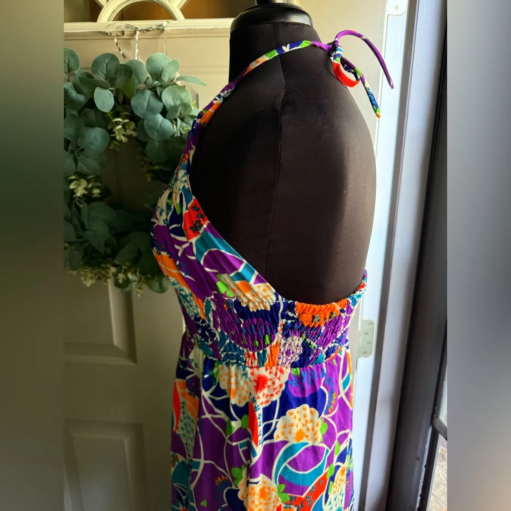 Vintage Keene Sportwear Hawaii tropical smocked halter maxi dress, size small Orange - Image 6
