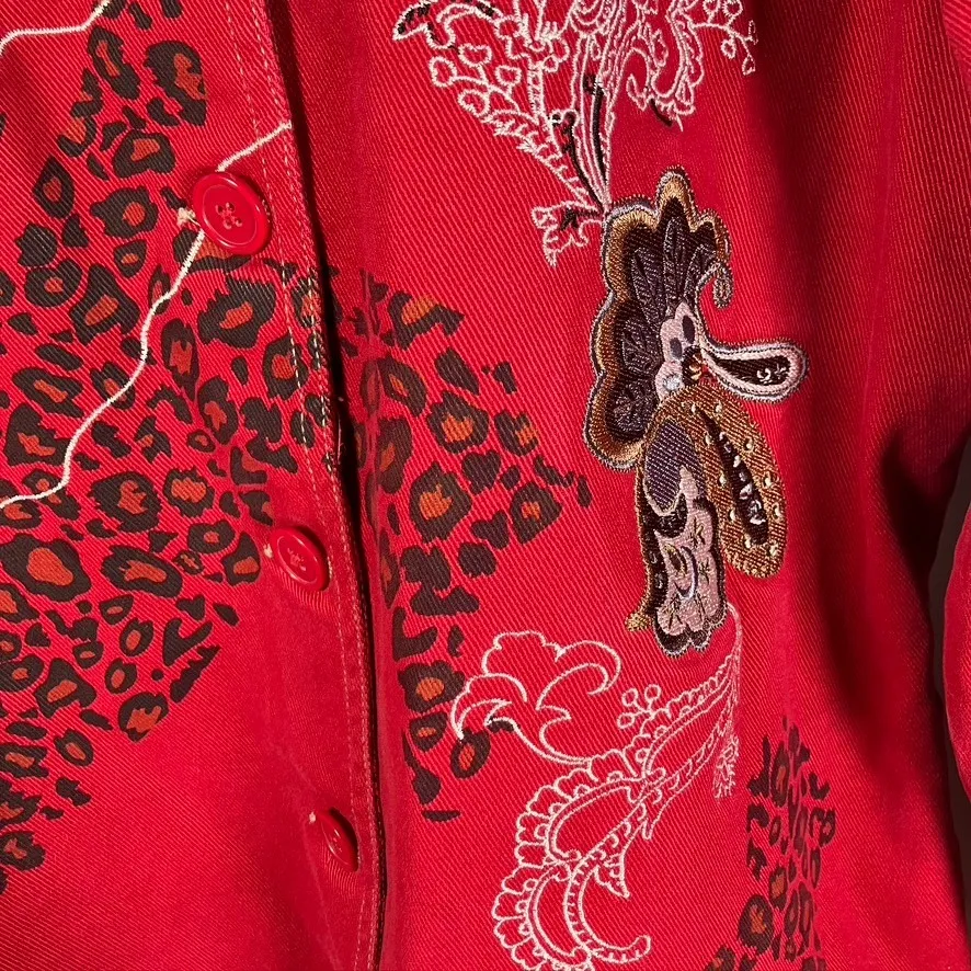 Denim&Co Red Leopard‎ Print Embroidered Button Up Jacket Womens Large - Image 5