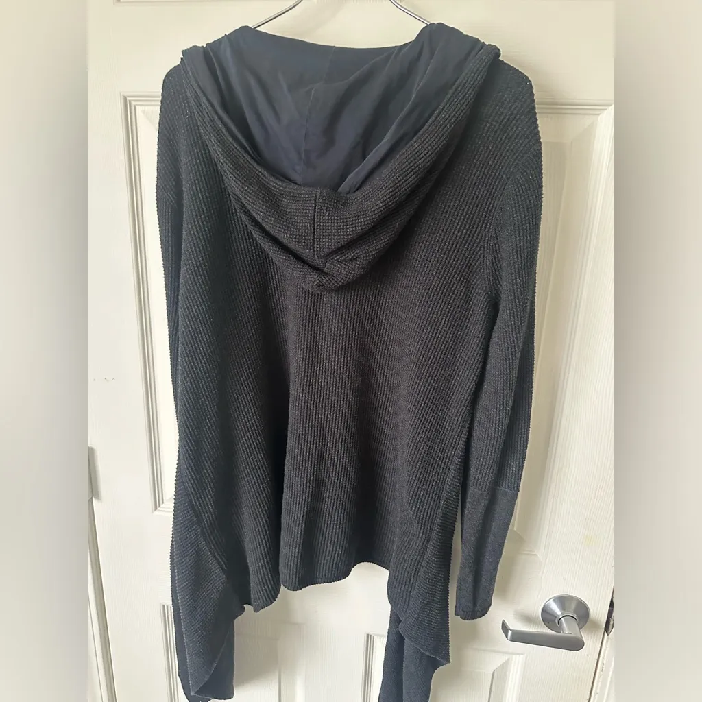 EILEEN FISHER BLACK Waffle print Hooded Cardigan. Hooded - Image 6