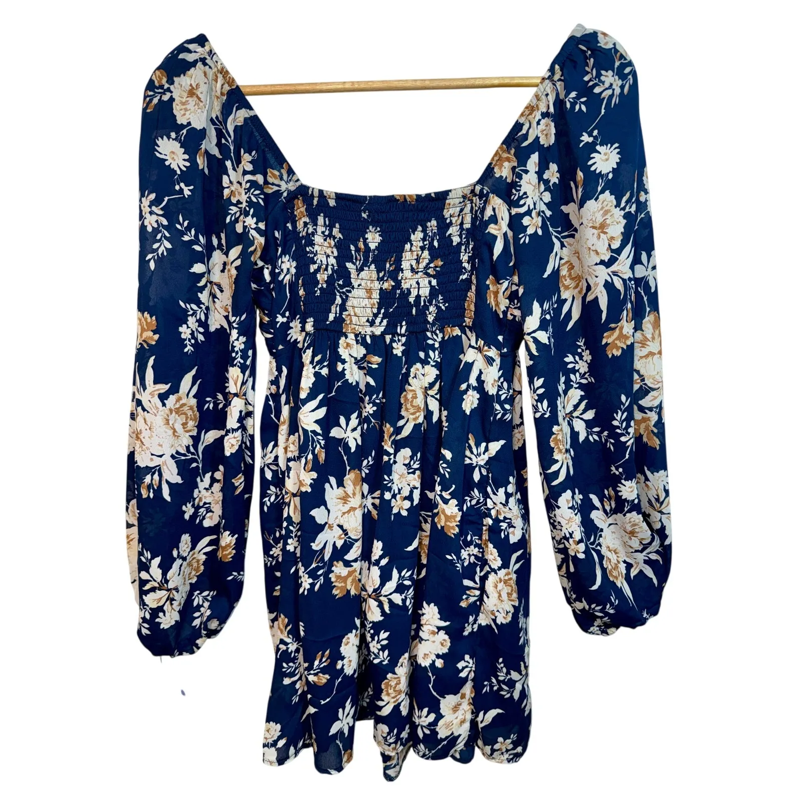 NEW Abercrombie & Fitch Blue Floral Smocked Long Puff Sleeve Mini Dress Women XS - Image 2