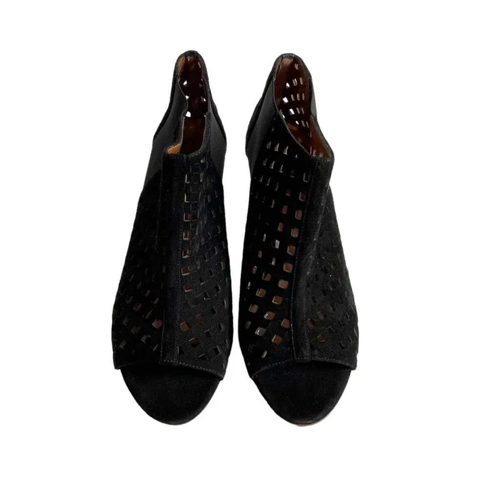 Aquatalia Shari Perforated Open Toe Suede Boots Size 10 Black Block Heel - Image 4