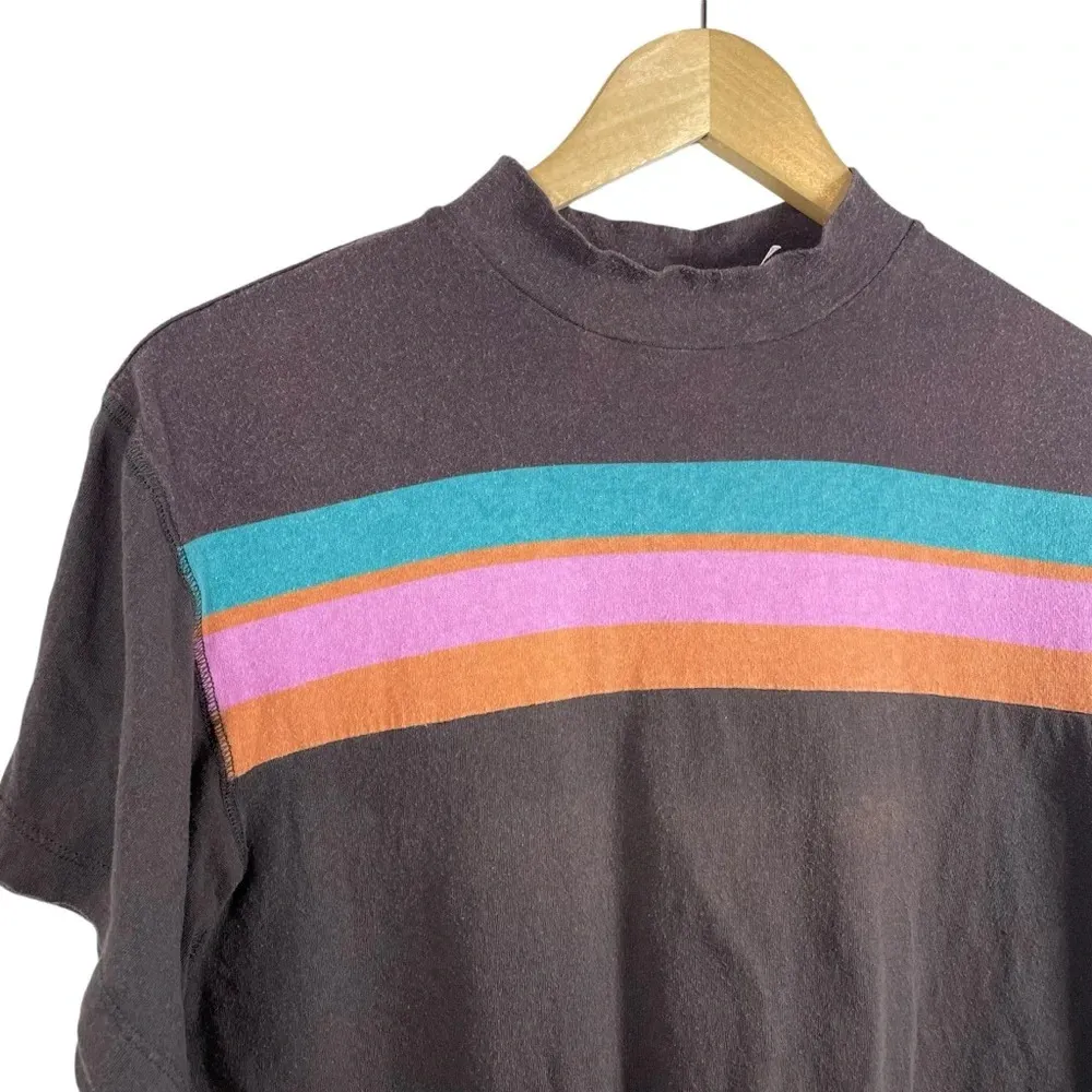 Free People Mock Neck Multicolor Stripe Tee in Brown/Pink/Blue Size XS - Image 3