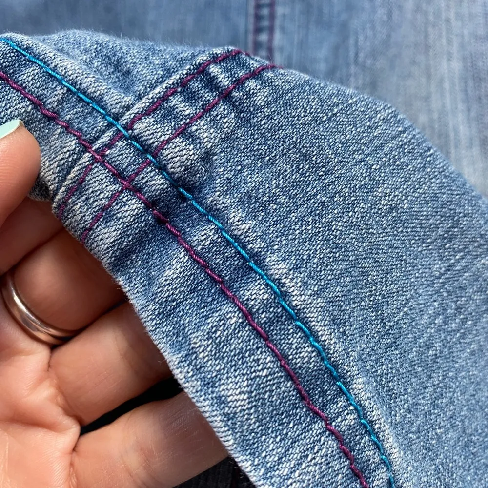 Vintage Y2K Crest Jeans Crochet Floral Maxi Denim Skirt Size 2XL Blue - Image 8