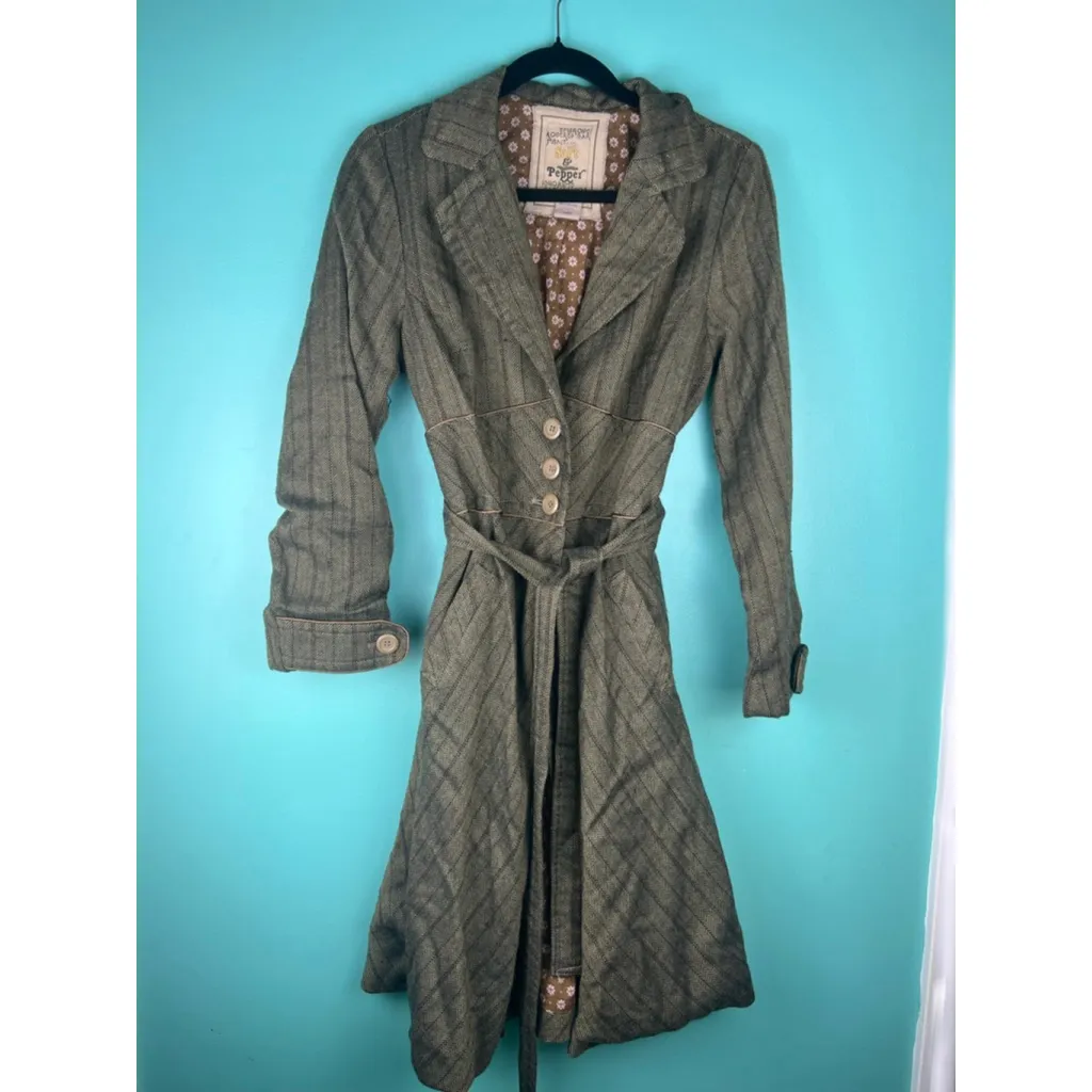 Salt & Pepper Herringbone Tweed Coat L Belted Floral Lining Vintage Boho Style Brown Size L - Image 2