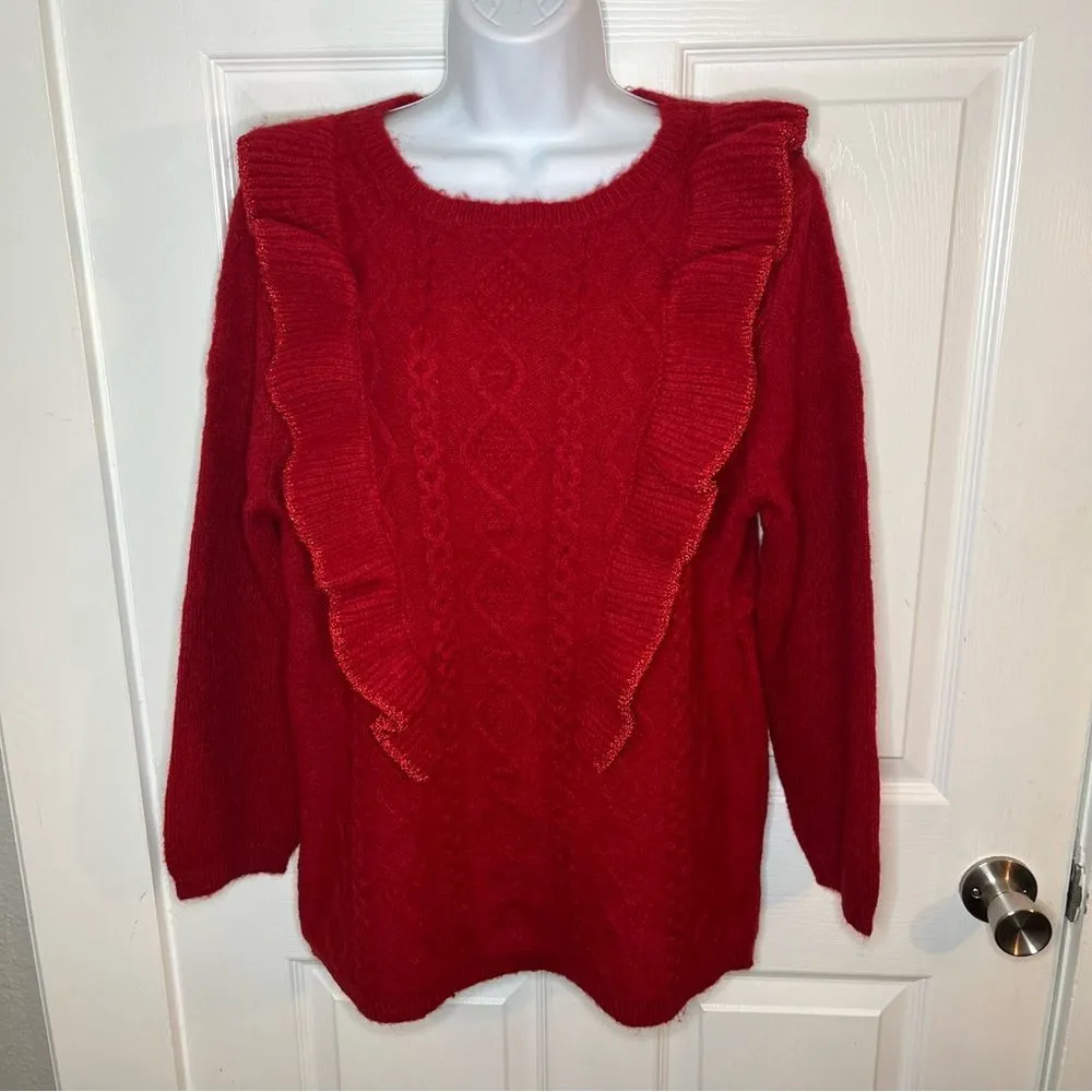 Red Dress Boutique Fire Away Ruby Red Sweater Ruffle Front Metallic Trim M - Image 5