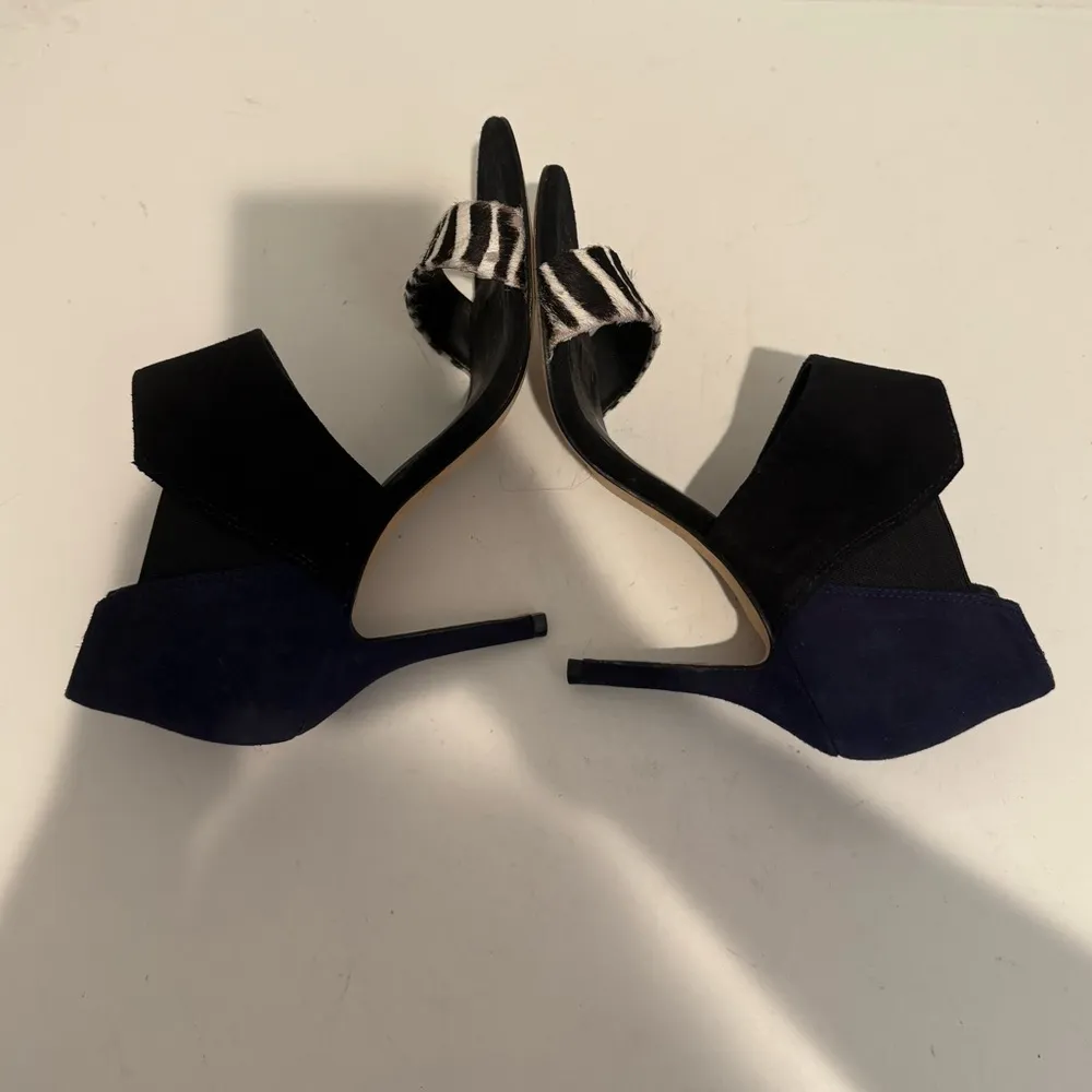 TRINA TURK Los Altos Suede High Heel Sandal Zebra Print Black White Navy Blue 8 - Image 9