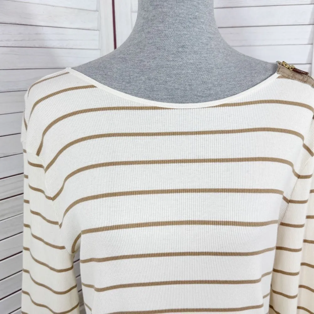 Lauren Ralph Lauren Striped Elbow Patch Ribbed‎ Knit T Shirt Cream Tan Large - Image 6