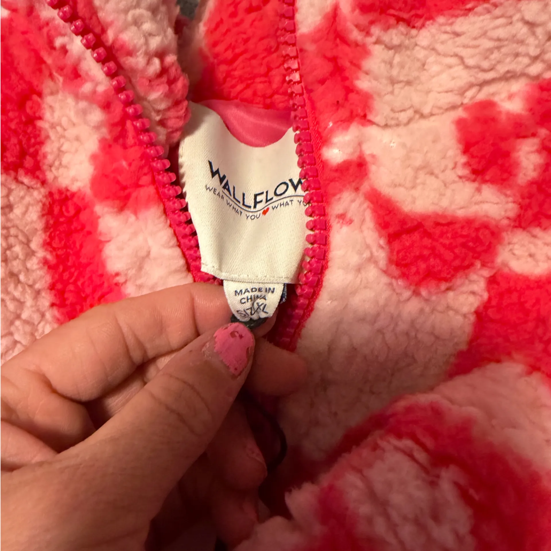 Wallflower Red and Pink Checkered With Flowers Teddy Jacket Size XL - Image 3