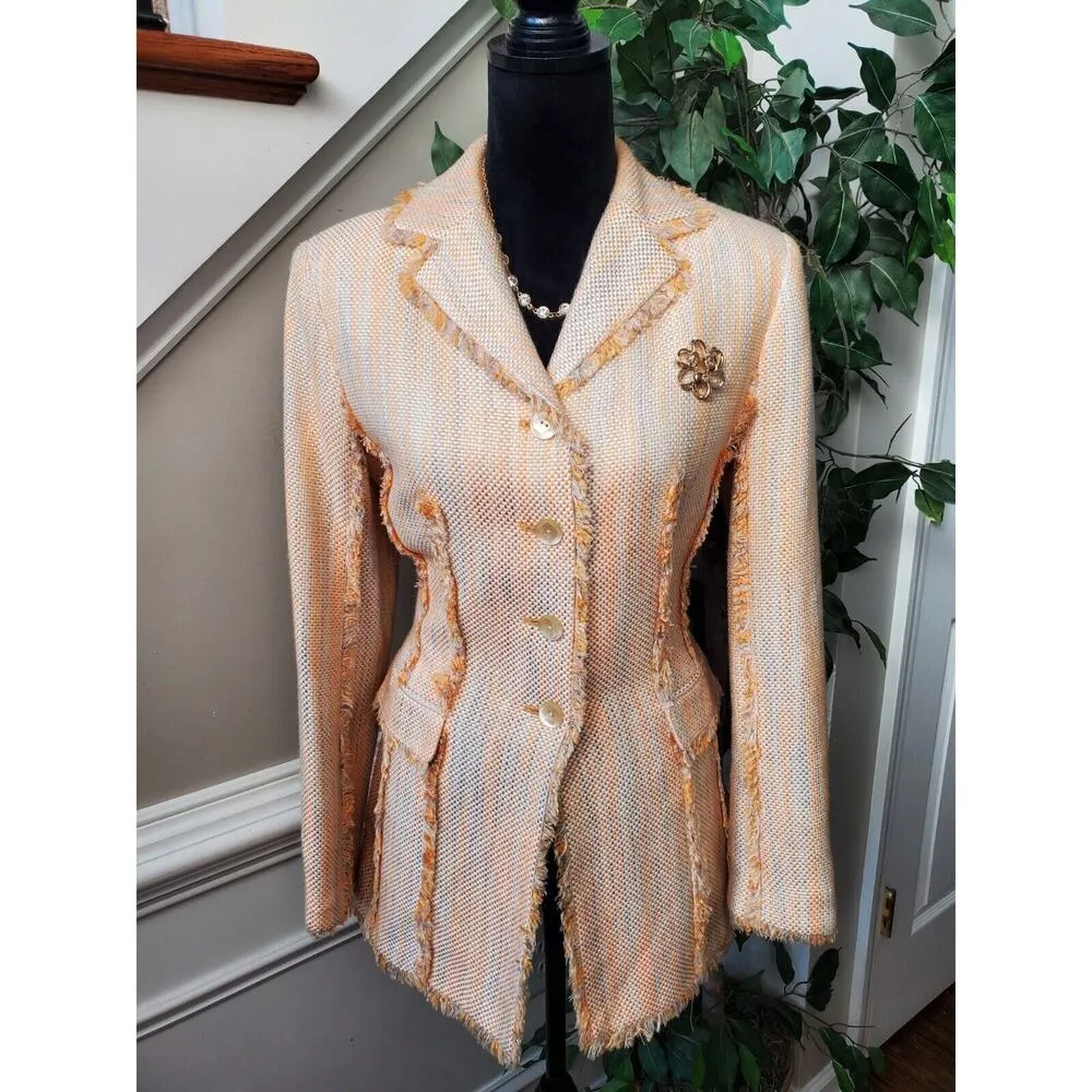 Larry Levine Yellow Long Sleeve Fringe Detailed Single Breasted Coat Size 8 - Image 8