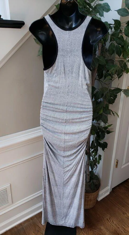 Long Maxi Dress Women's Small White Polka Dot Scoop Neck High Slit Bodycon Sexy - Image 4