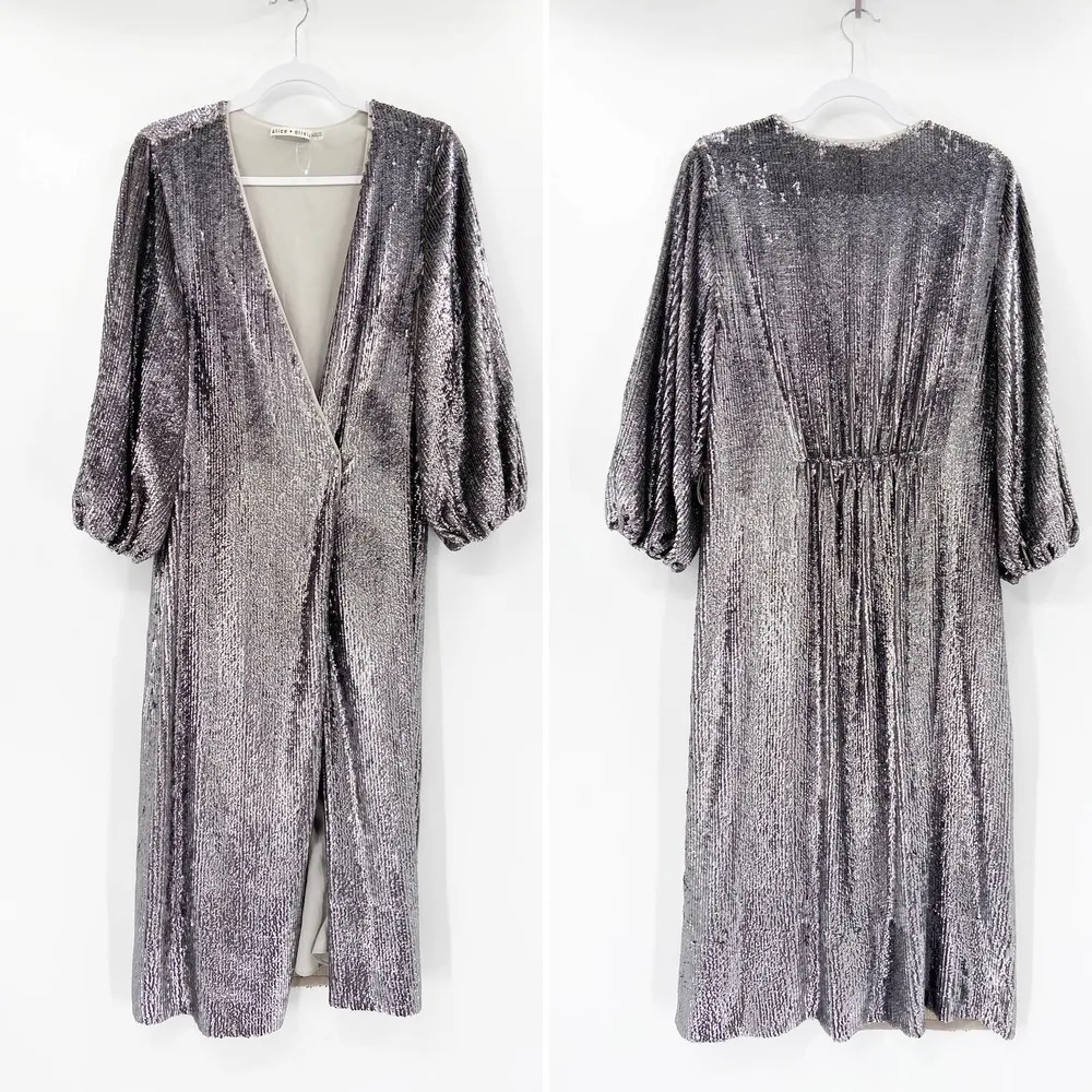 Alice + Olivia Anne Silver Gray Sequined Crepe De Chine Wrap Midi Dress Size 10 - Image 3