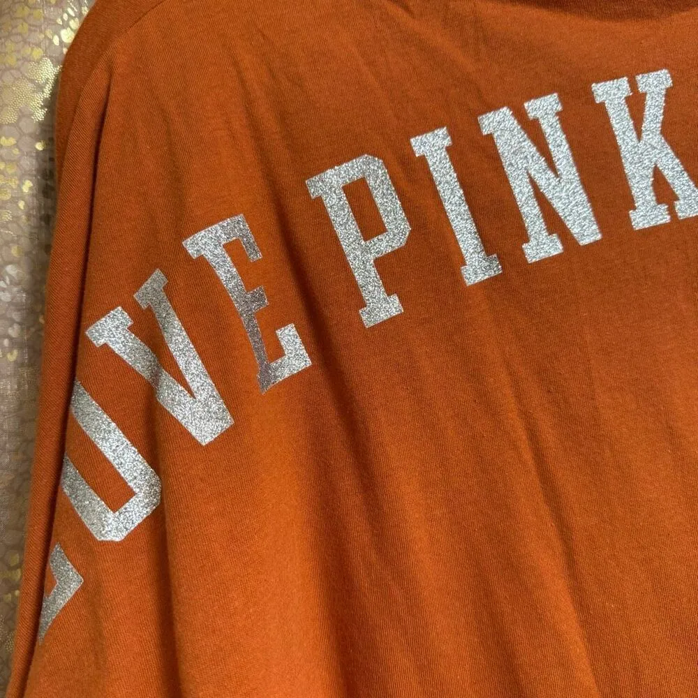 PINK Victorias Secret Orange Silver Glitter Varsity Long Sleeve Hoodie Shirt L N - Image 7