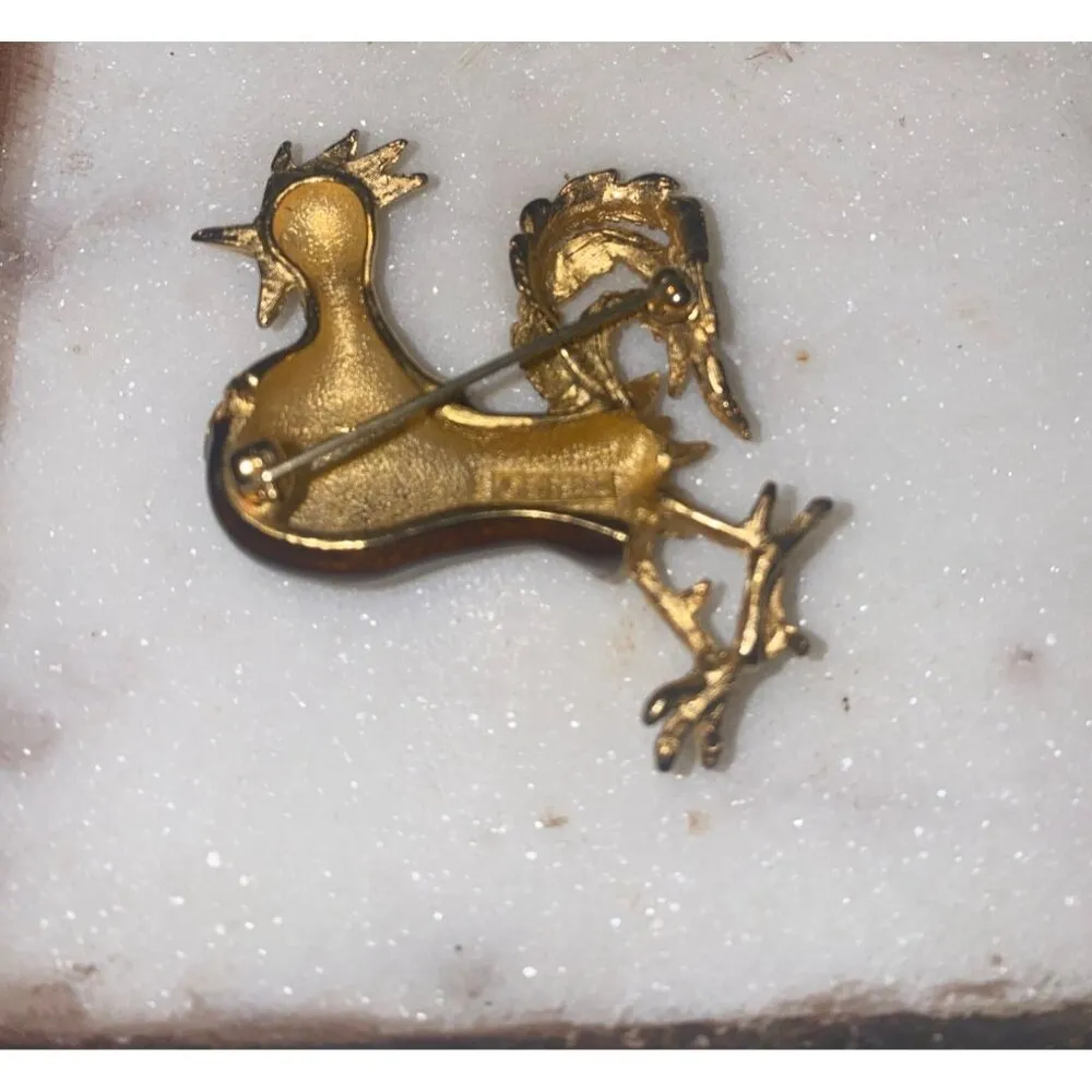 Edwin Pearl Vintage Gold Tone Rooster Brooch Pin With Rhinestones Enamel Detaili Size 2 - Image 8