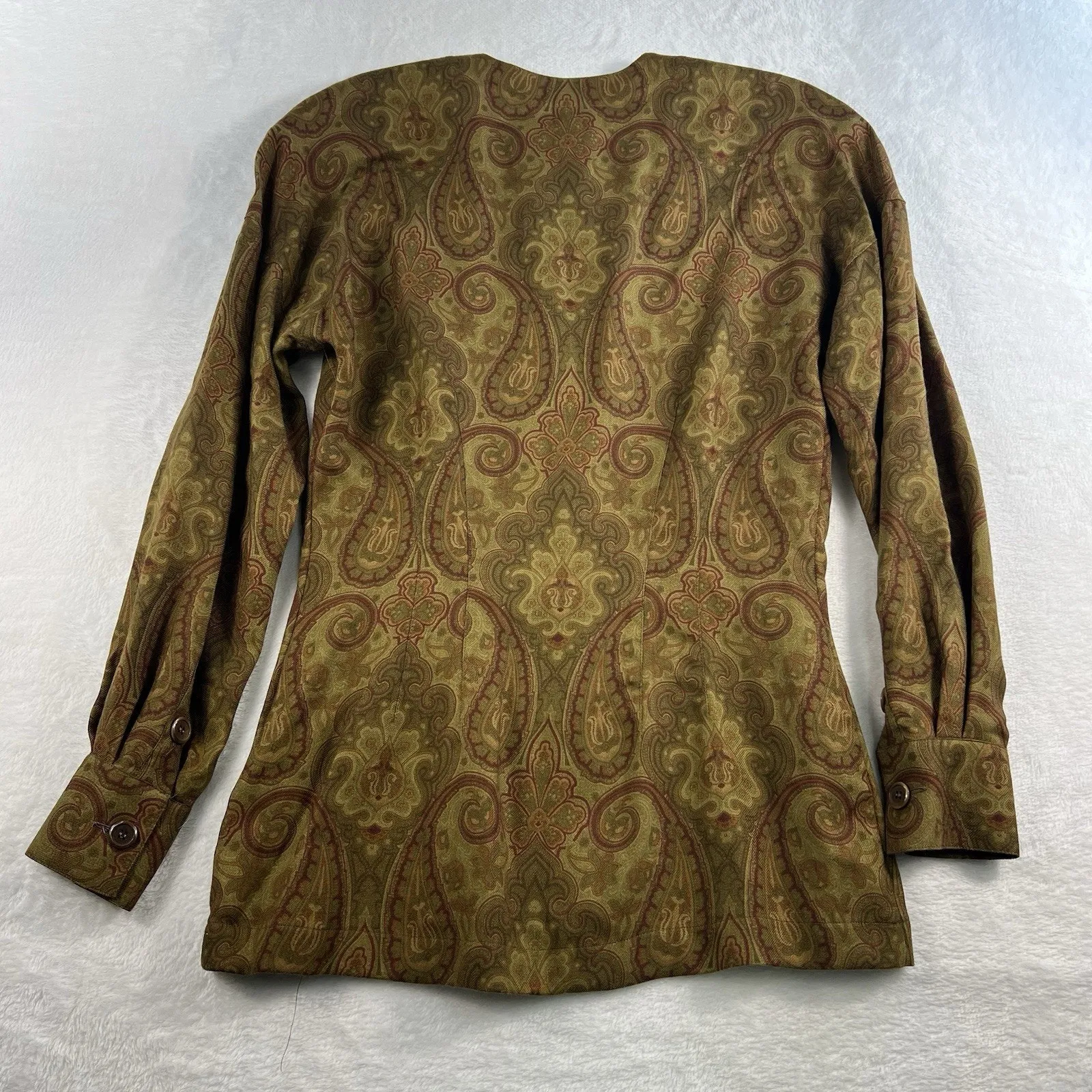 Escada 34 US S Top Blouse Gold Paisley Wool Silk Shirt Margaretha Ley Designer - Image 12
