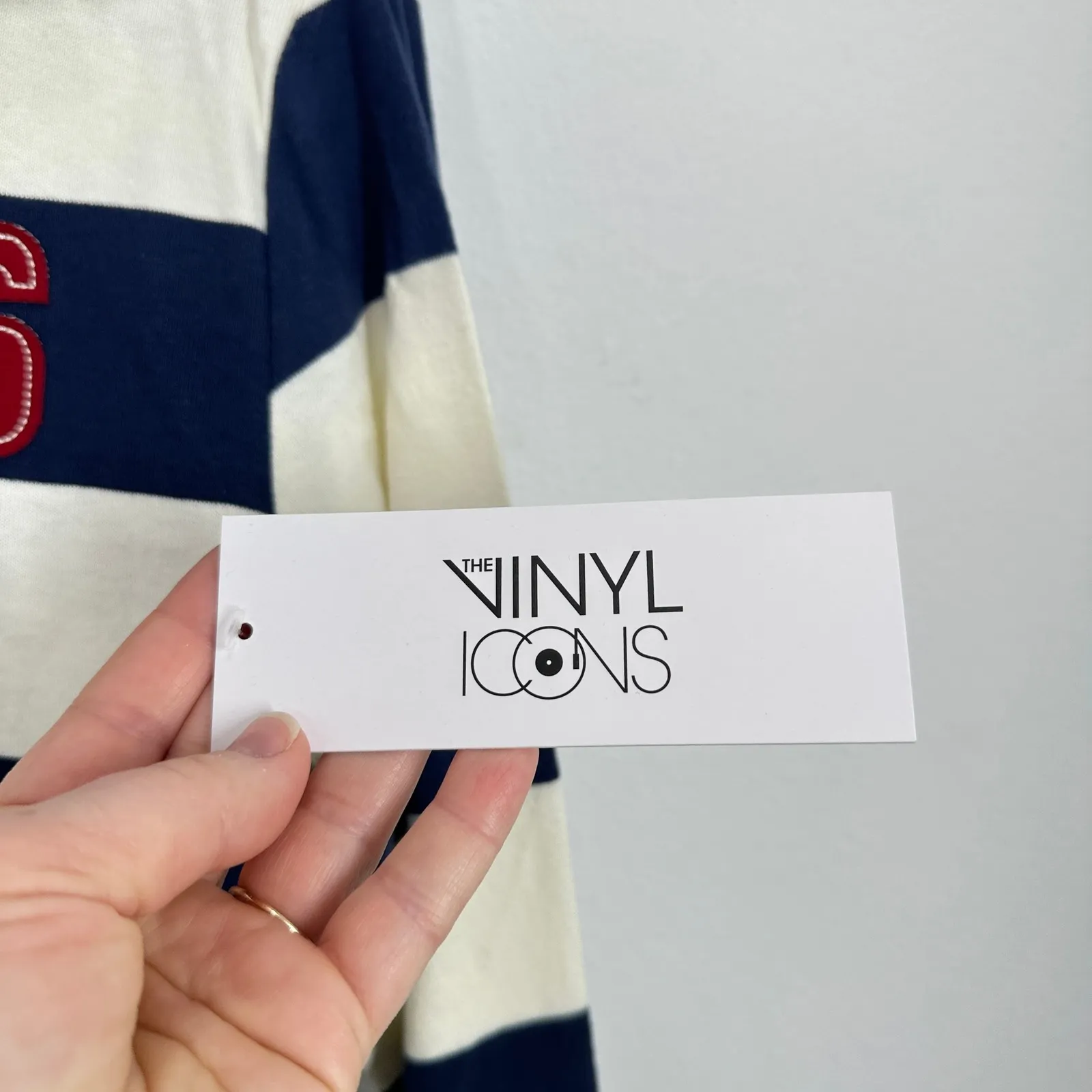 Vinyl Icons Navy Cream Stripe Rugby Shirt 96 Applique Long Sleeve Cropped Top White - Image 6