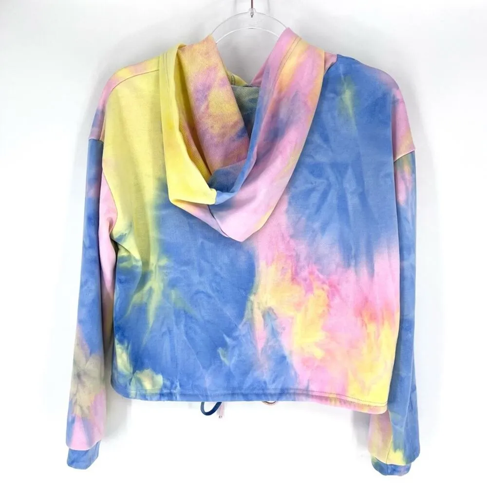 Sadie & Sage Kickback Sky Tie Dye Hoodie Cropped Pink Yellow Blue Size S - Image 4