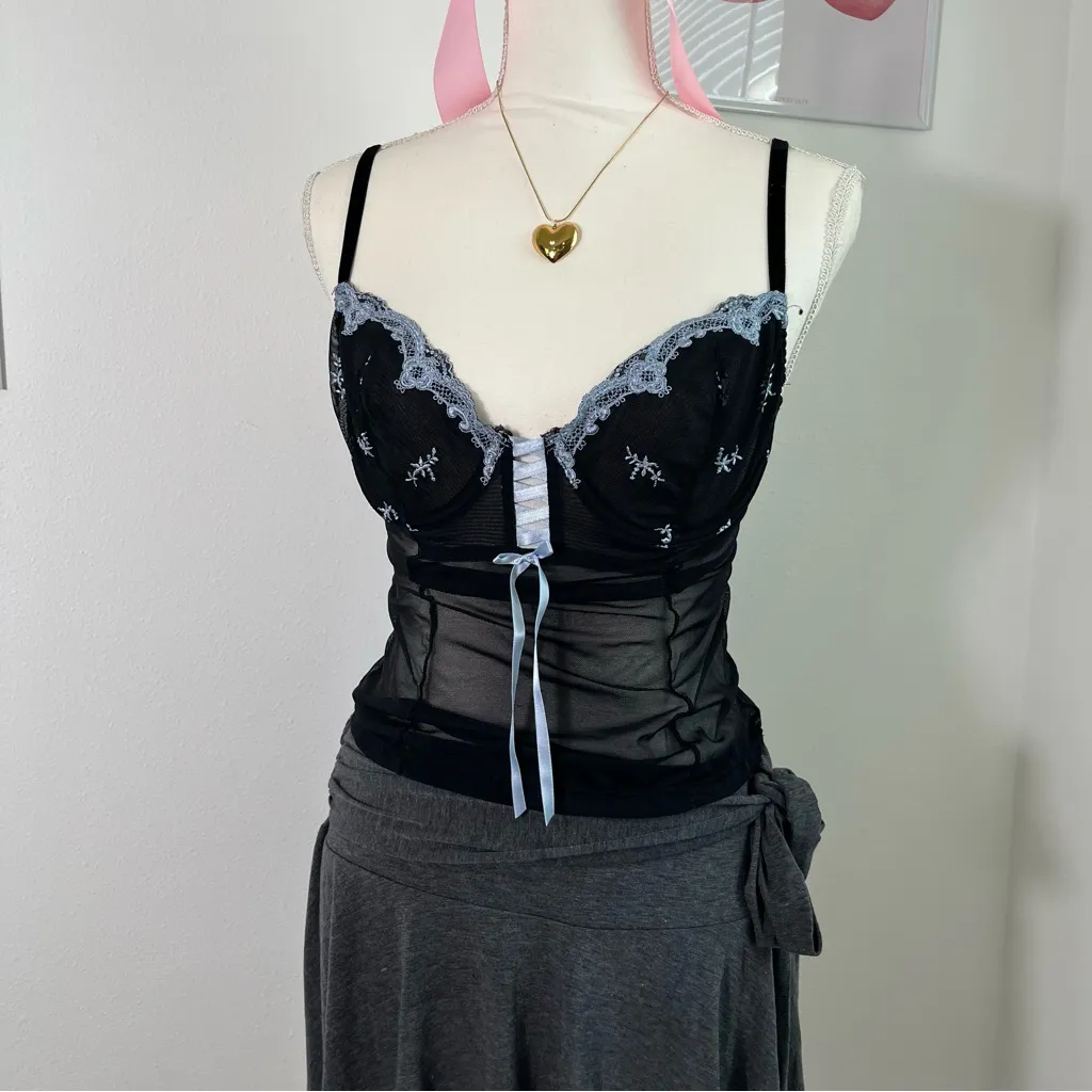 Vintage Y2K Delicates‎ Black Blue Lace Floral Mesh Corset Bustier Top Womens Med - Image 2