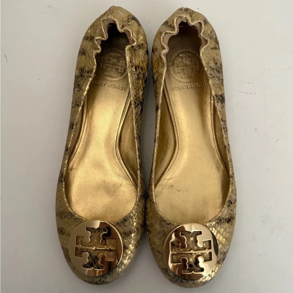 TORY BURCH Reva Metal Fiesta Snake Print Ballet Flat Coconut Beige / Gold Size 7 - Image 3