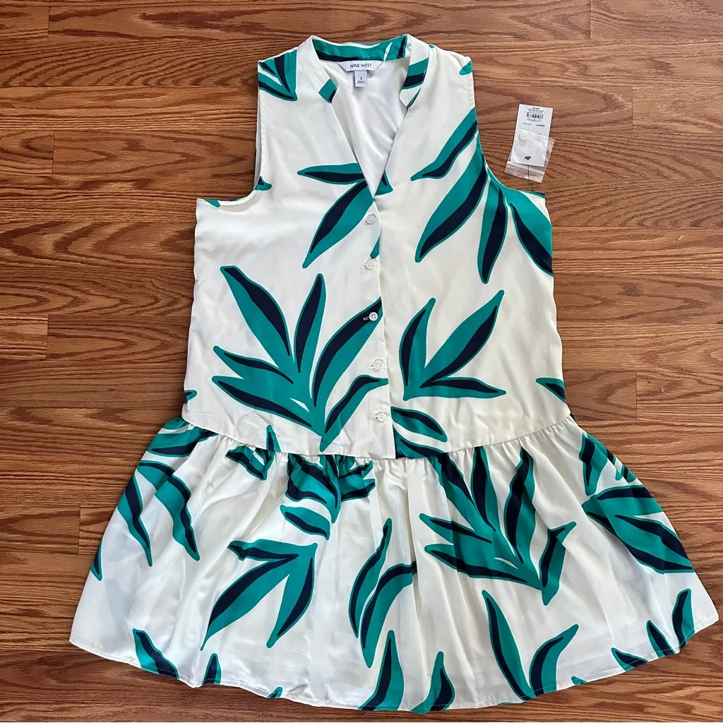 Nine West Tropical Green Leaf Sleeveless Ruffle Hem Mini Dress |Size Small (NWT) - Image 8