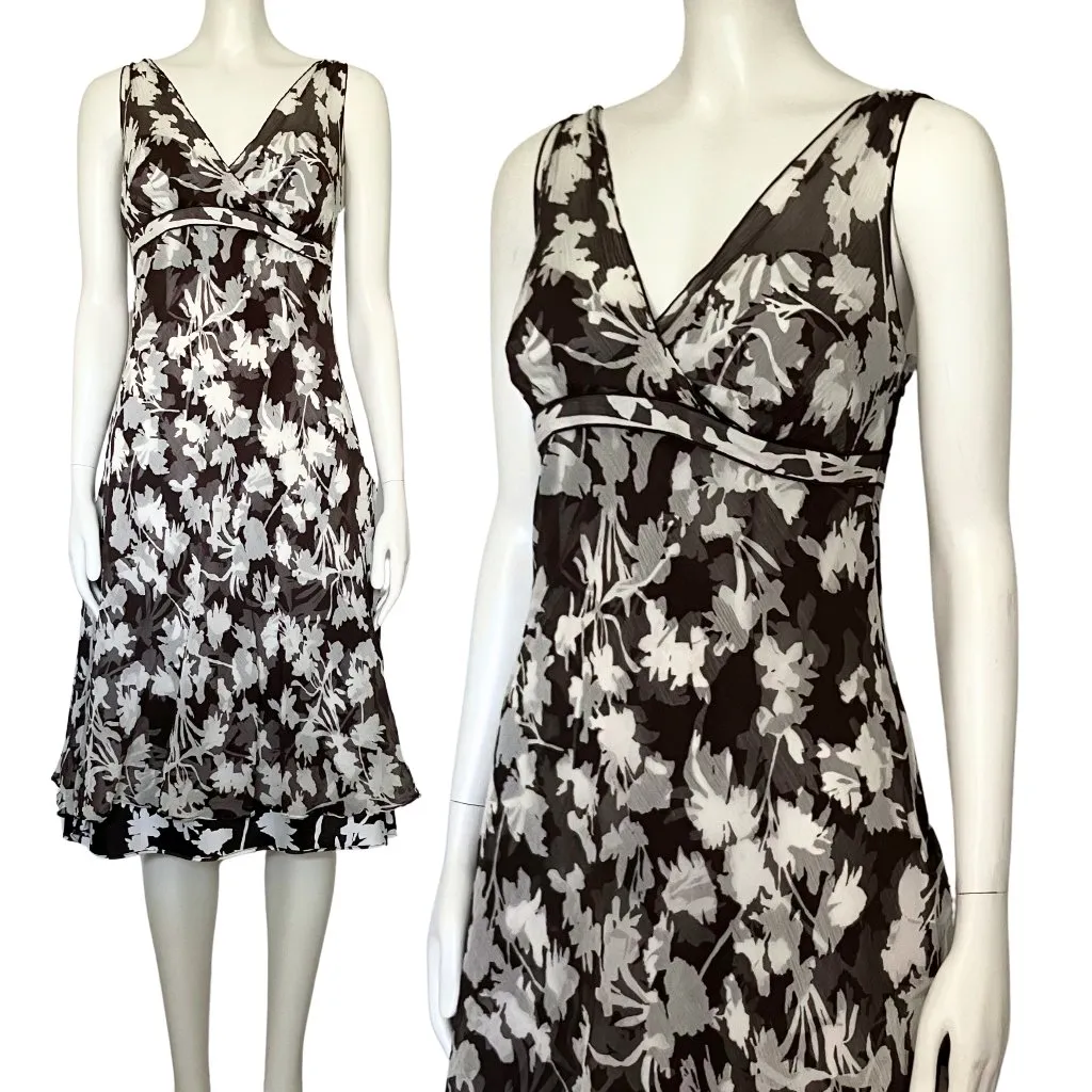 Vintage Y2K 100% Silk Ann Taylor Brown White Floral Midi Dress S/M Size 8 V Neck - Image 2