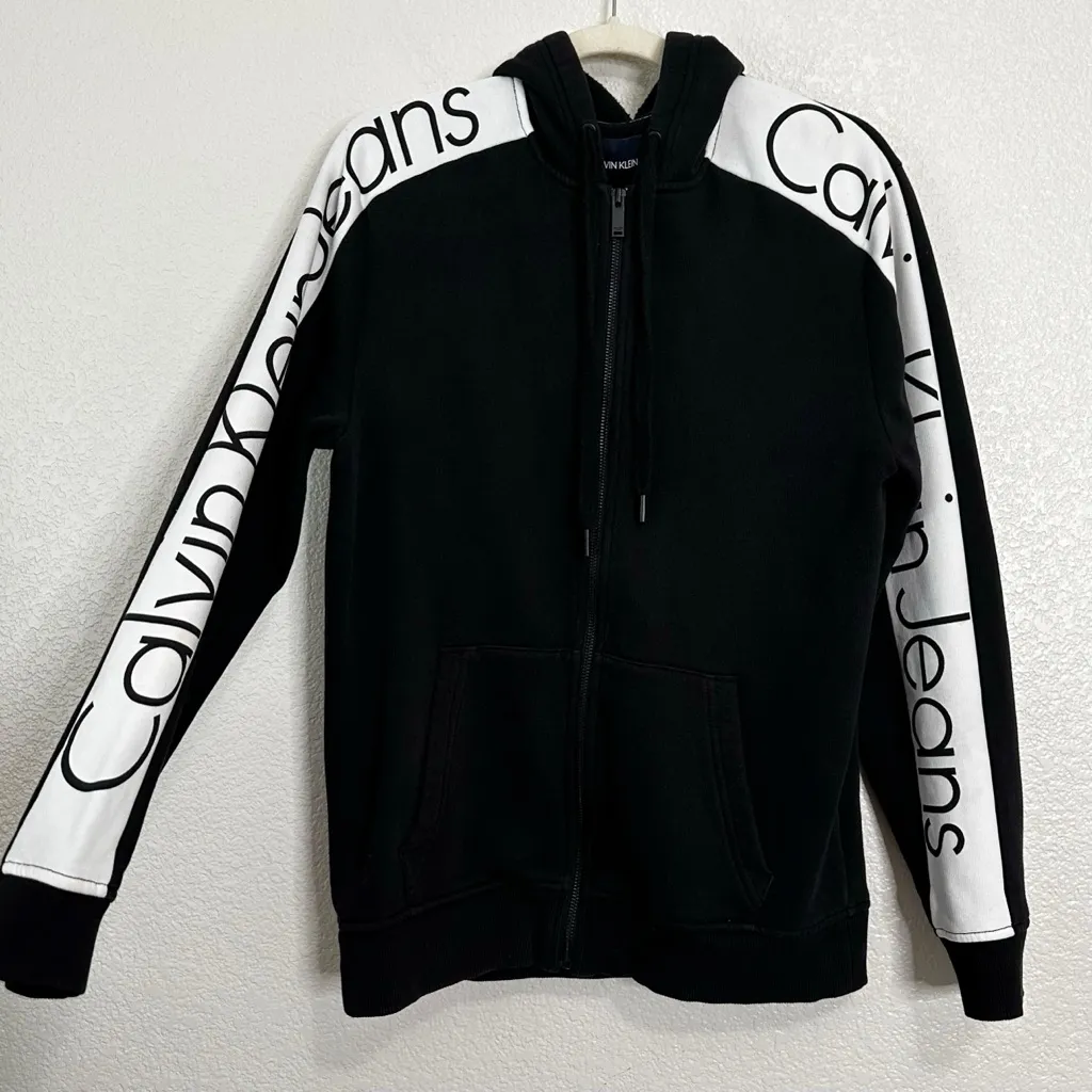 Calvin Klein Vintage Logo Sleeves Full Zip Hoodie Women’s Sweatshirt, Sz Medium - Image 2