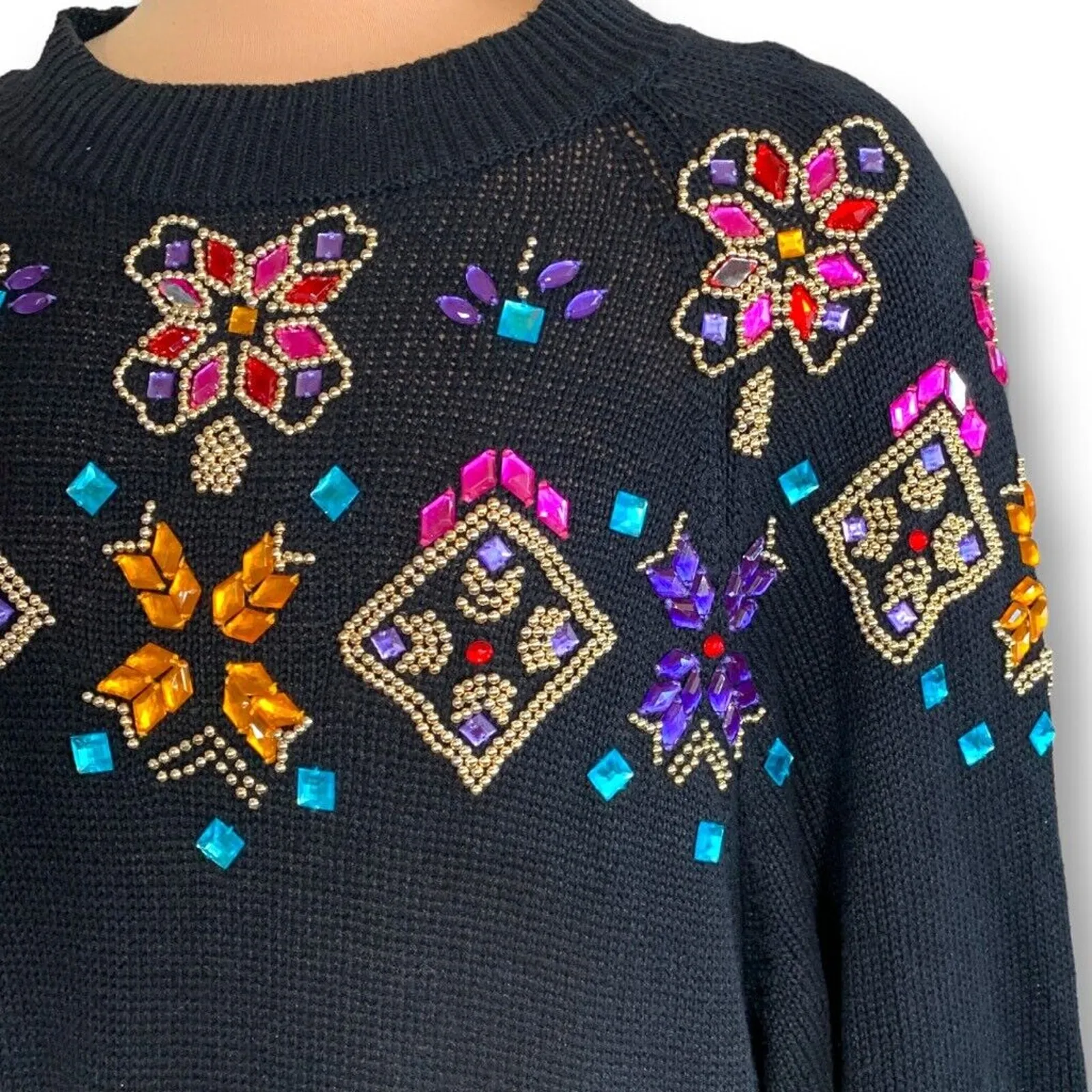Vintage 80s Maggie Lawrence Black Jewel Beaded Knit Sweater Dress Art To Wear Size L - Image 2