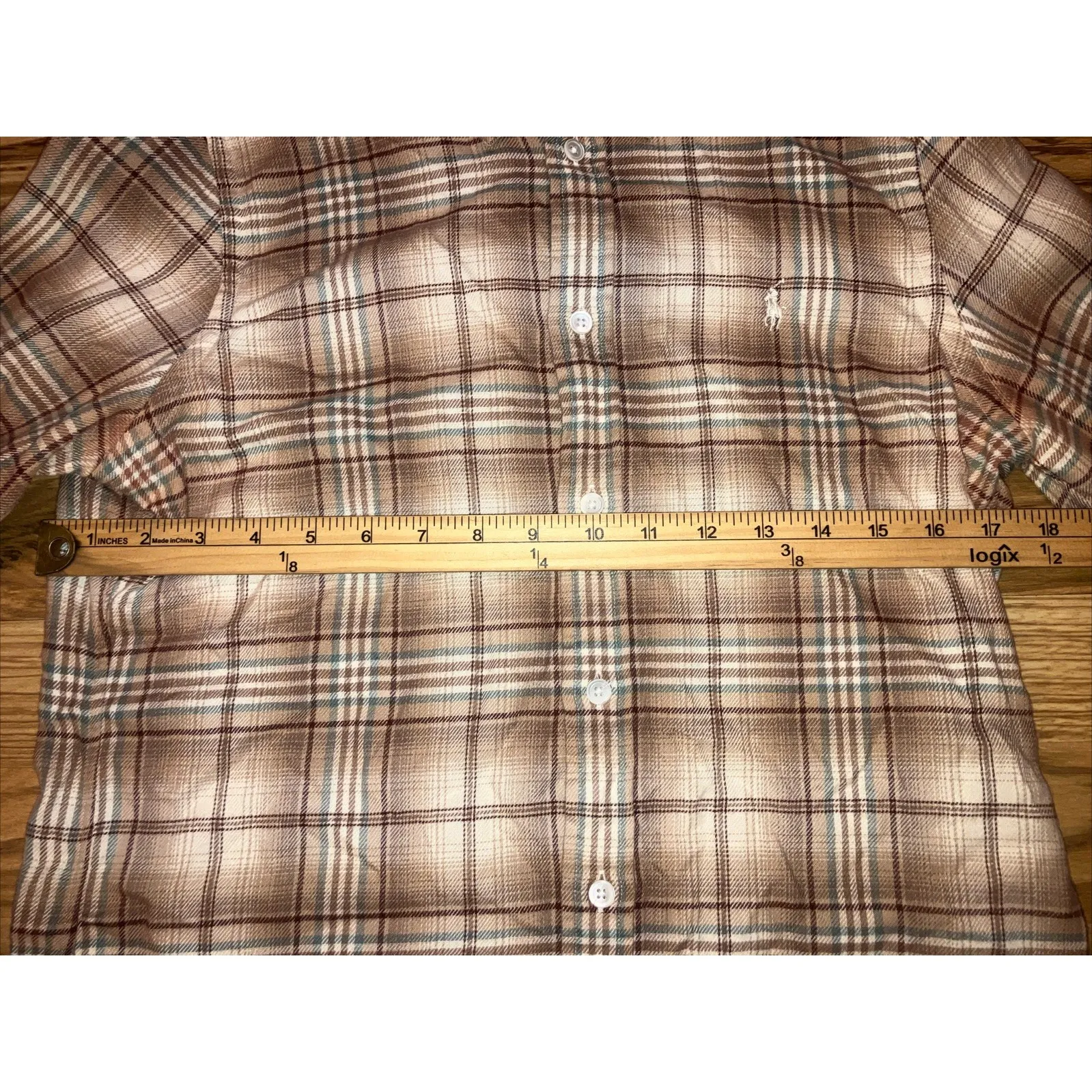 Polo Ralph Lauren Flannel Shirt Top Women Medium Beige Brown Plaid Pony‎ Preppy - Image 4