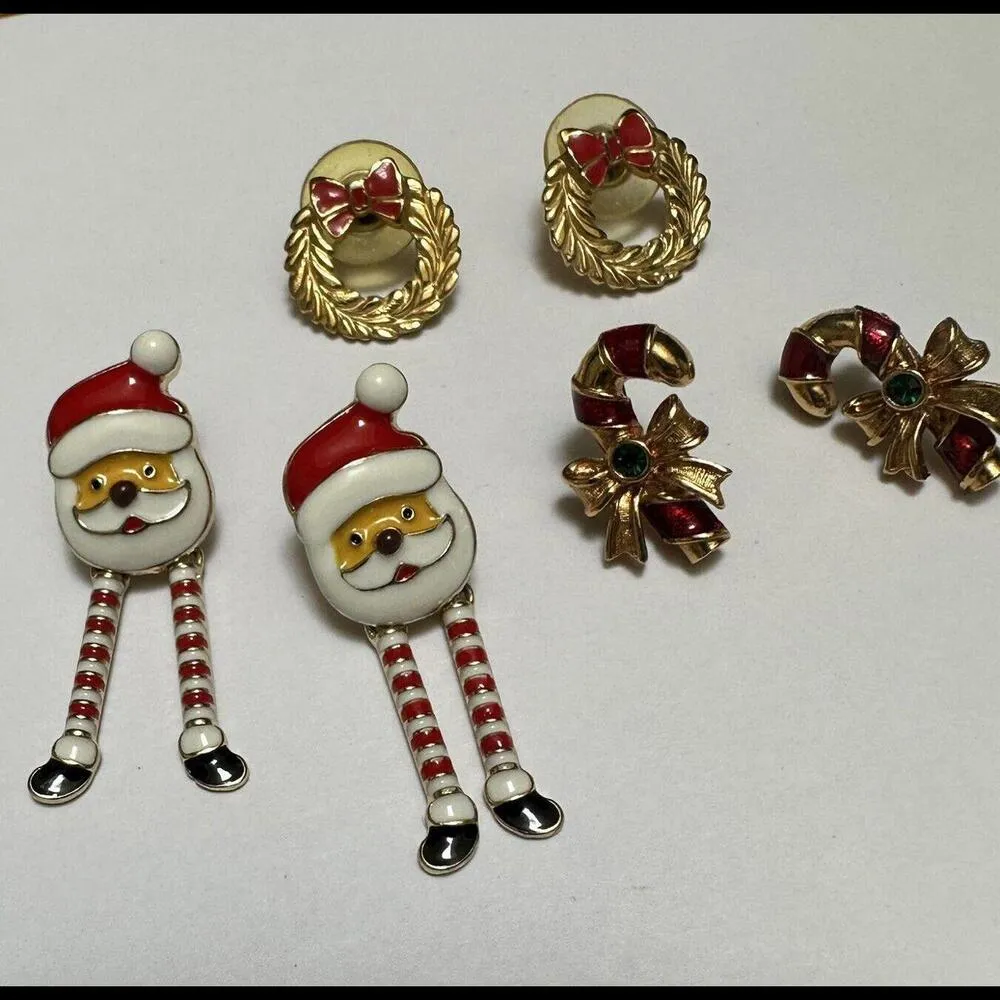 Lot Of 3 Gold Tone Holiday Pierced Earrings Christmas Wreath, Santa, Candy Cane - Image 4
