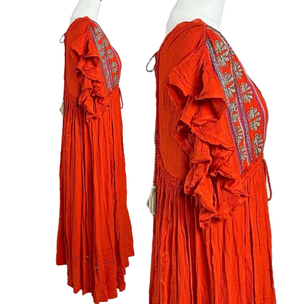 Free People Bohemian Folklore 70s Bali Embroidered Midi Dress Kimono Red Small - Image 8