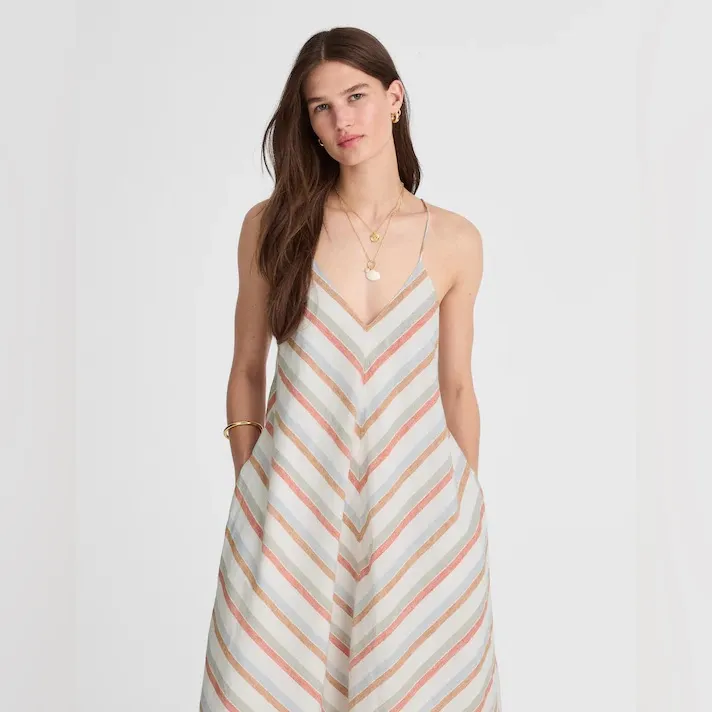 NWOT Madewell Striped V-Neck Midi Dress in 100% Linen Broken Strap Easy Fix Sz L - Image 2