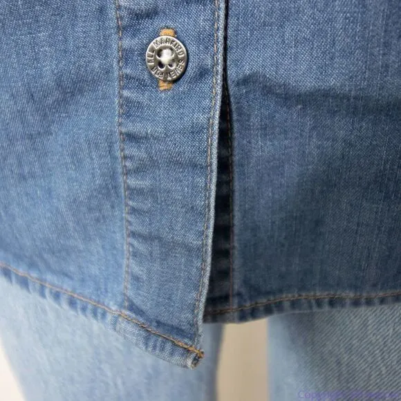 7 For All Mankind Women's Long Sleeve Cold‎ Shoulder Denim Shirt, size S - Image 15