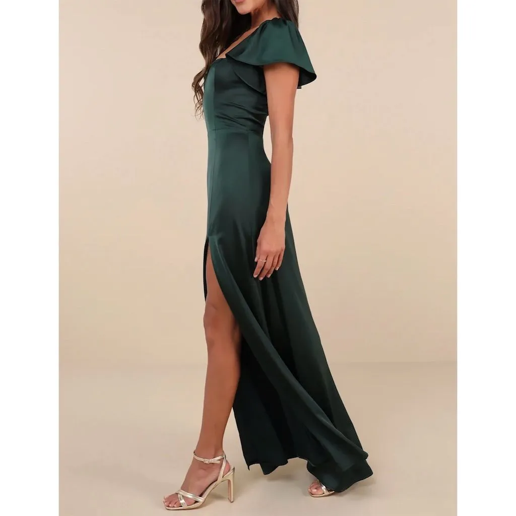NWT Lulus Women's Emerald Green Satin Flutter Sleeve Maxi Dress Size L Holiday - Image 3