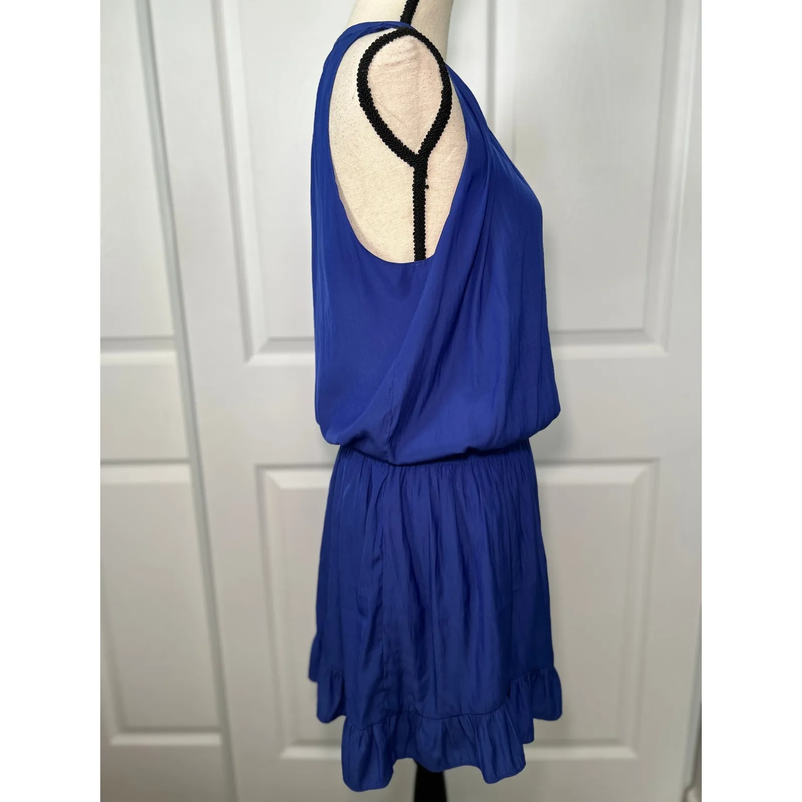 Ramy Brook Dany Blouson Mini Dress Sleeveless Ruffle Hem Cobalt Blue Party‎  L - Image 3