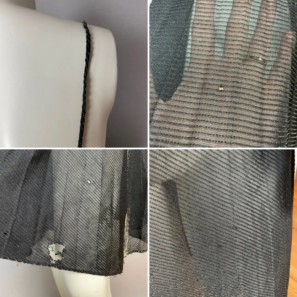 Vintage 70s Dress Metallic Gold Black Wounded Bird FLAWS Spaghetti Straps Pleats Size XS - Image 8