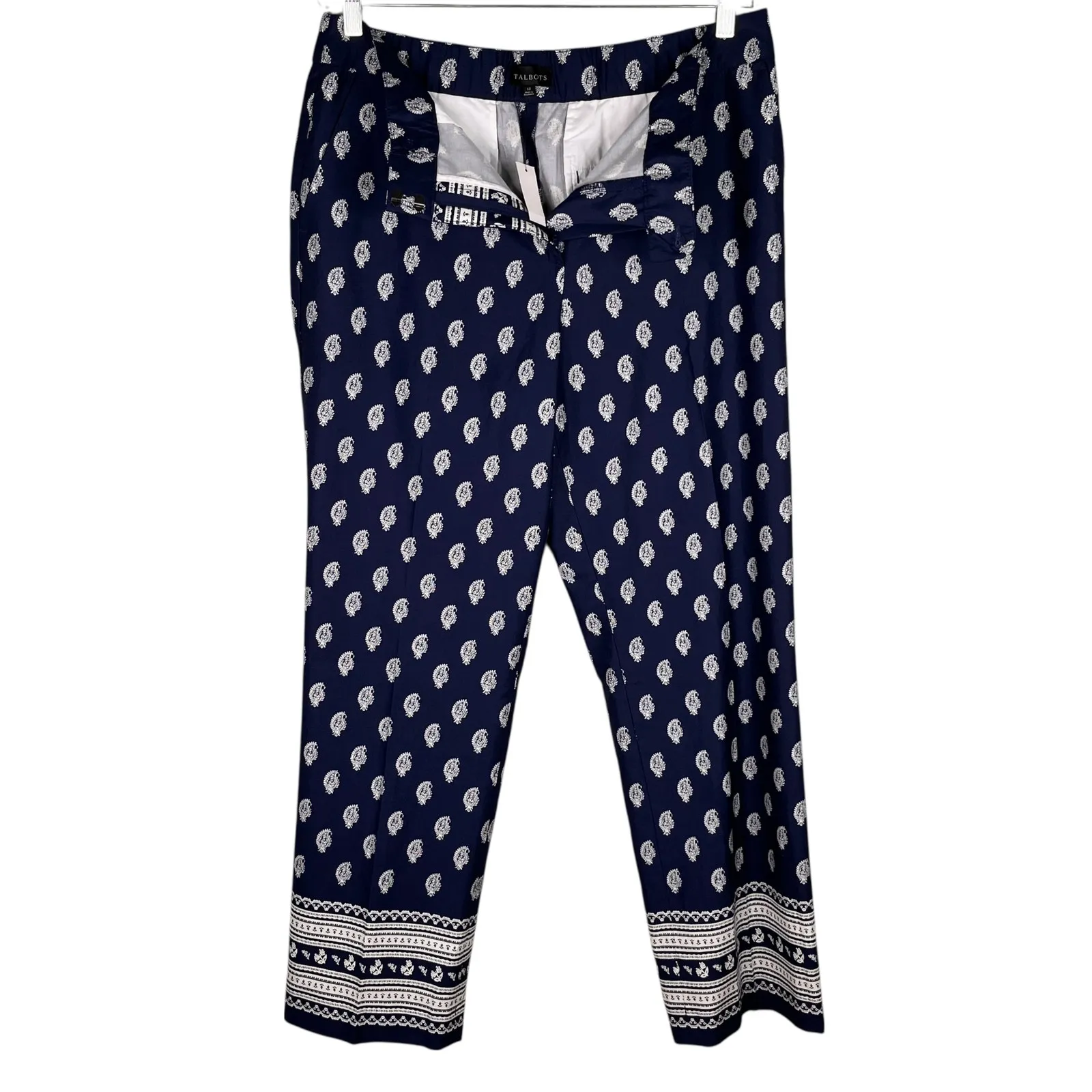 Talbots Straight Leg Twill Pants Serene Paisley India Ink Ivory 12 New - Image 6