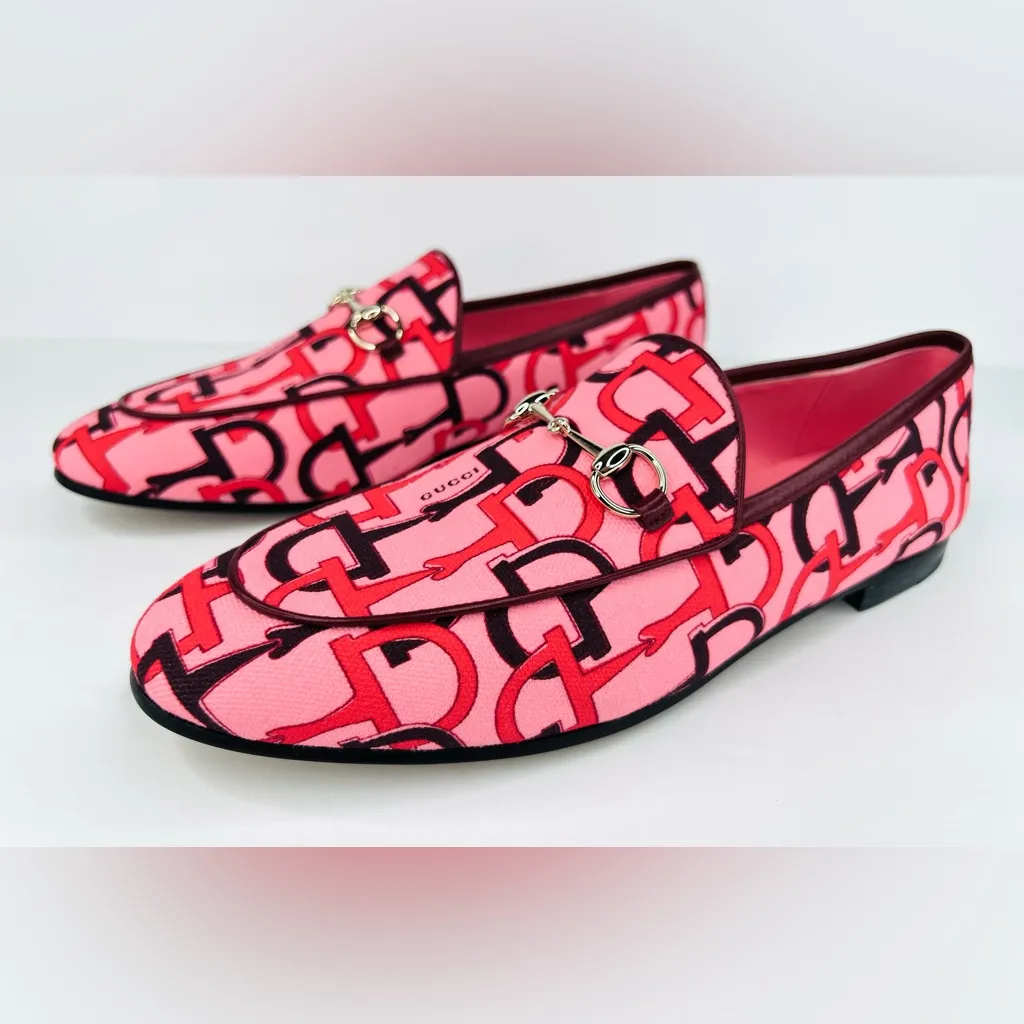 Gucci Jordaan Horsebit Logo Print Pink Fabric Flat Barbie Loafers Size EU 40 - Image 3
