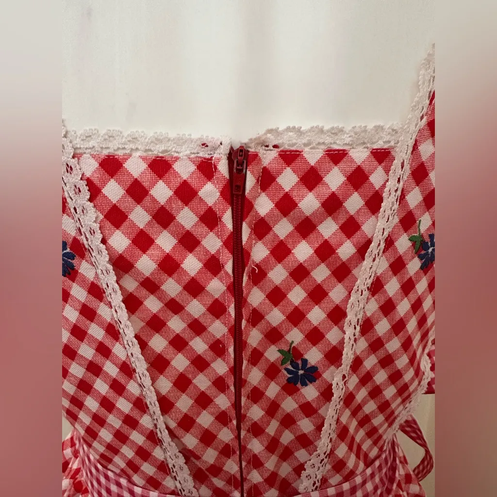Red White Retro Gingham Checkered Lace Sleeveless Wing Hand Made Dress Sz S - Image 12